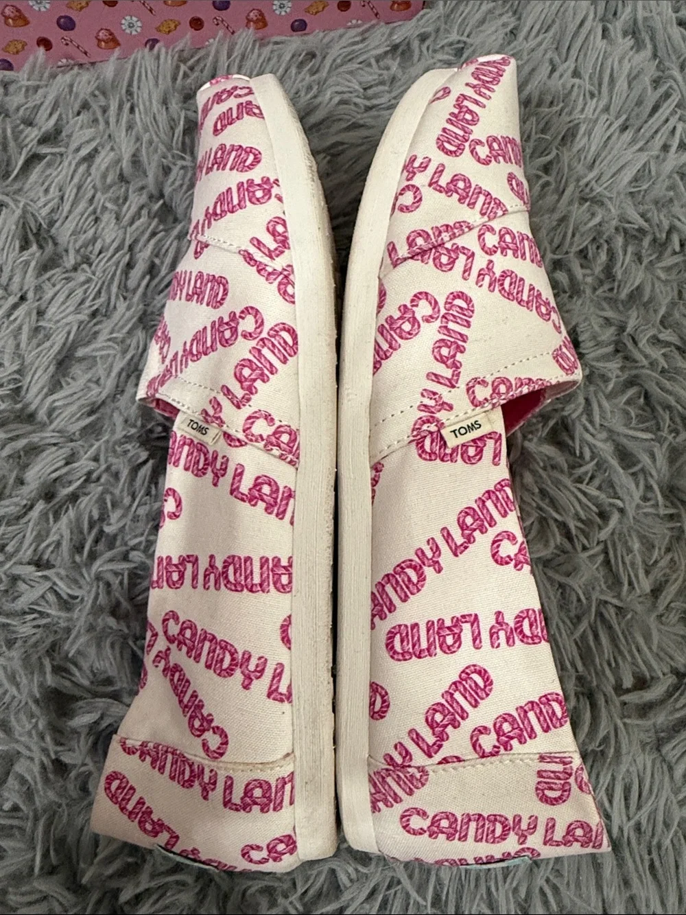Toms Women's White Canvas Slip-Ons with Pink Candy Land Print